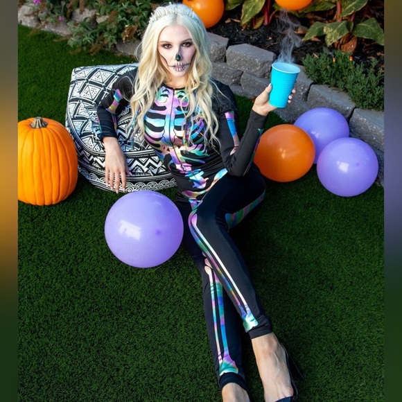 New Tipsy Elves Iridescent Skeleton Bodysuit Costume Jumpsuit Catsuit Black Sz M - Picture 3 of 12